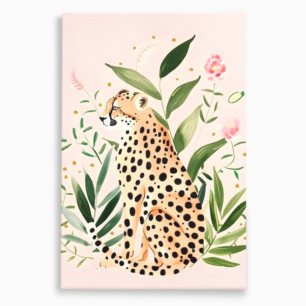 Tablou canvas cu tablou canvas cu leopard si frunze tropicale, fara rama, pe sasiu de lemn